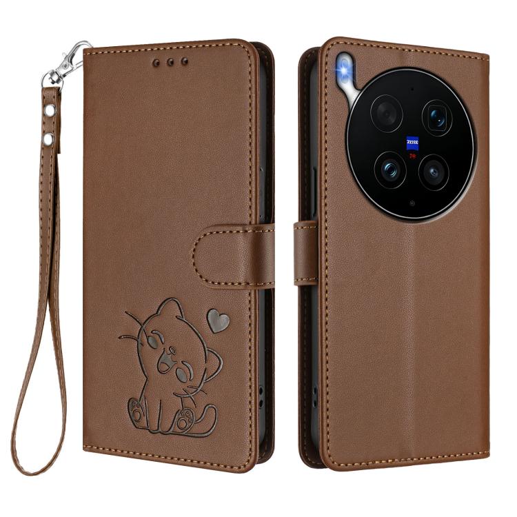 For vivo X300 Ultra Embossed Heart Cat Leather Phone Case with Hand Strap