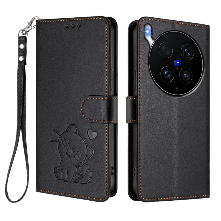 For vivo X300 Ultra Embossed Heart Cat Leather Phone Case with Hand Strap