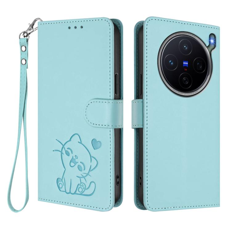 For vivo X300s Embossed Heart Cat Leather Phone Case with Hand Strap