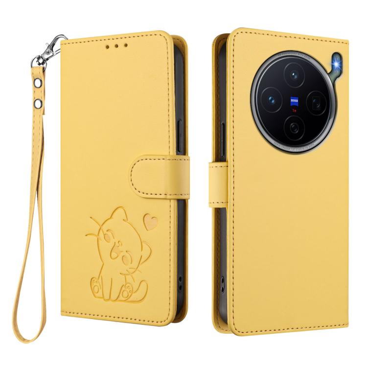 For vivo X300s Embossed Heart Cat Leather Phone Case with Hand Strap