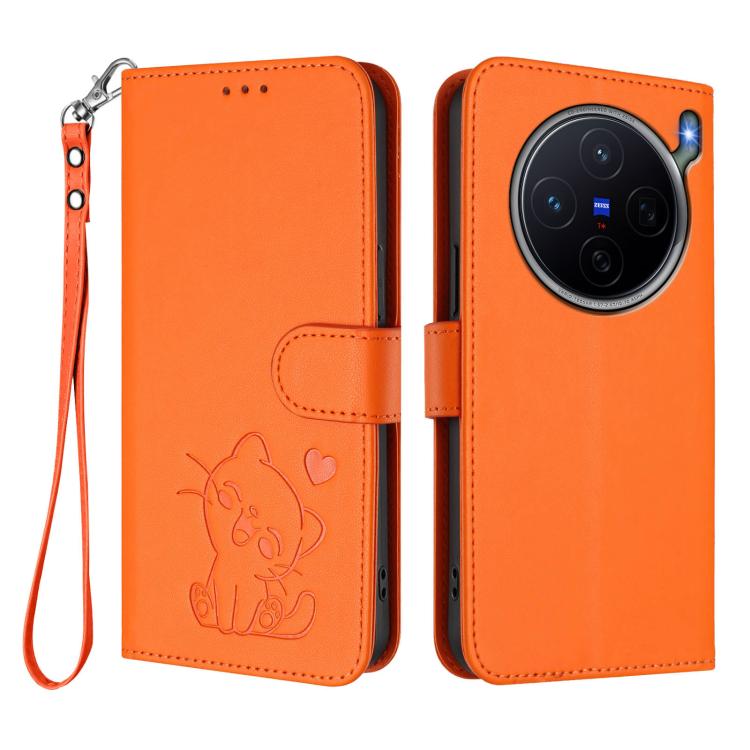 For vivo X300s Embossed Heart Cat Leather Phone Case with Hand Strap