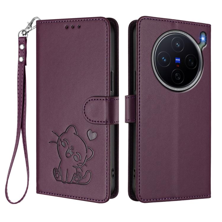 For vivo X300s Embossed Heart Cat Leather Phone Case with Hand Strap