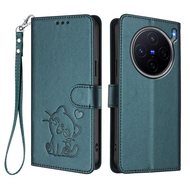 For vivo X300s Embossed Heart Cat Leather Phone Case with Hand Strap