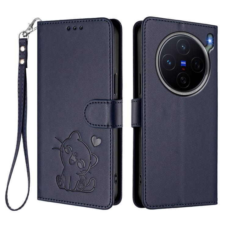 For vivo X300s Embossed Heart Cat Leather Phone Case with Hand Strap