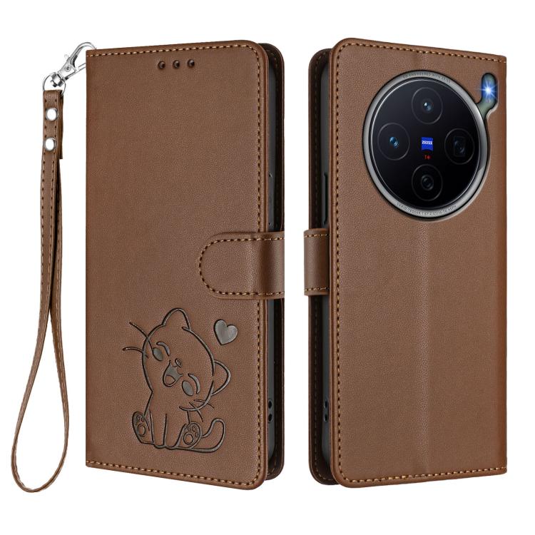 For vivo X300s Embossed Heart Cat Leather Phone Case with Hand Strap