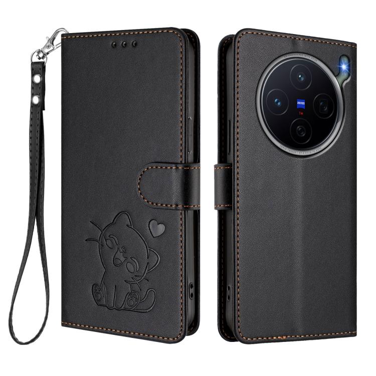 For vivo X300s Embossed Heart Cat Leather Phone Case with Hand Strap