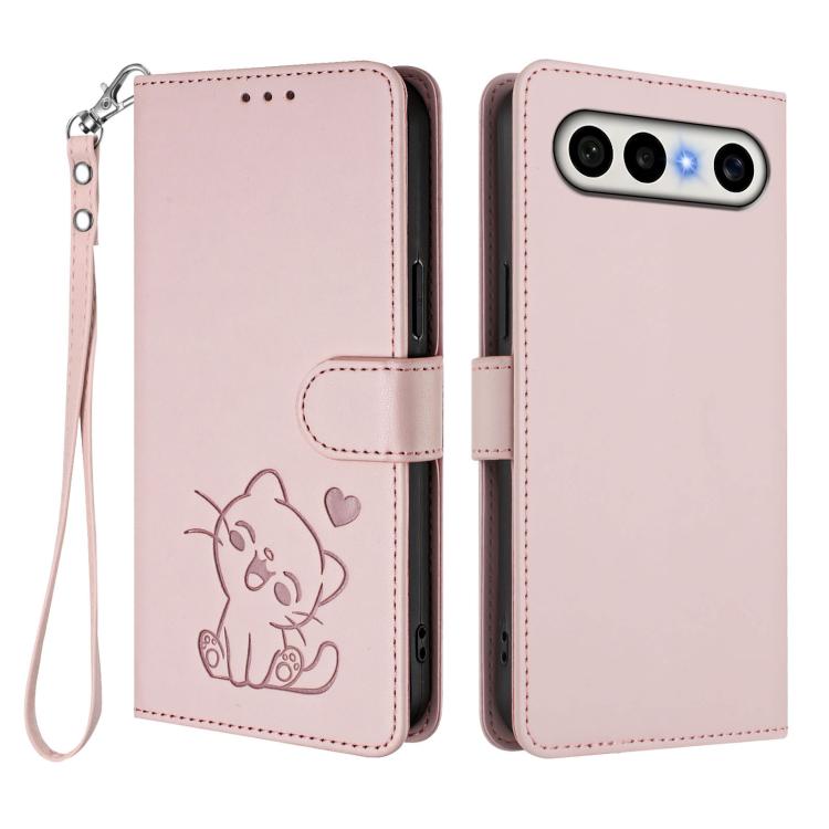 For vivo X300 FE 5G / S50 Pro mini 5G Embossed Heart Cat Leather Phone Case with Hand Strap