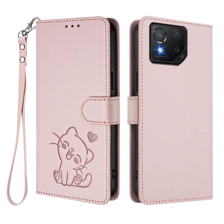 For ASUS ROG Phone 8 / 8 Pro Embossed Heart Cat Leather Phone Case with Hand Strap