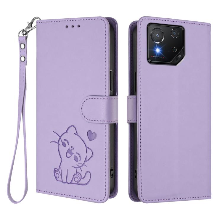 For ASUS ROG Phone 8 / 8 Pro Embossed Heart Cat Leather Phone Case with Hand Strap