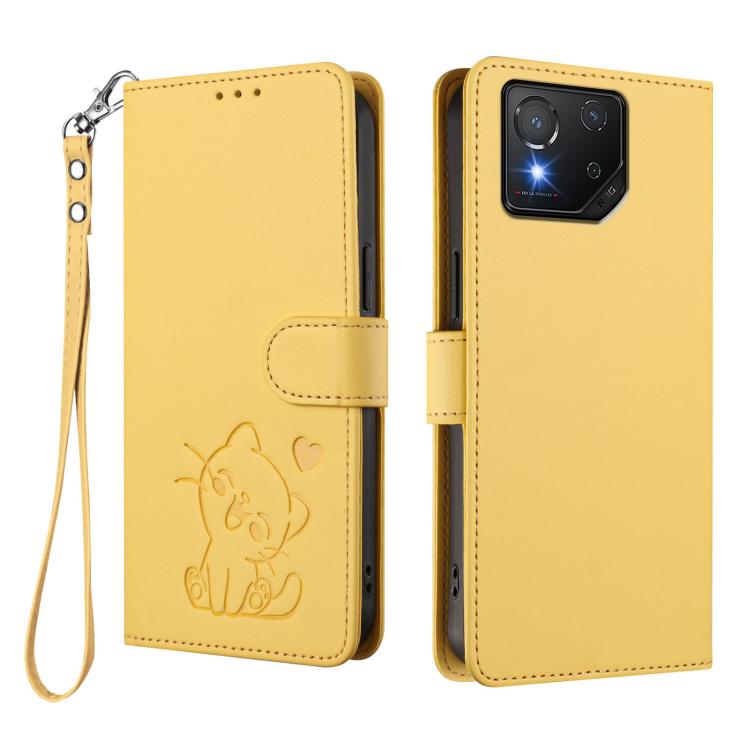 For ASUS ROG Phone 8 / 8 Pro Embossed Heart Cat Leather Phone Case with Hand Strap