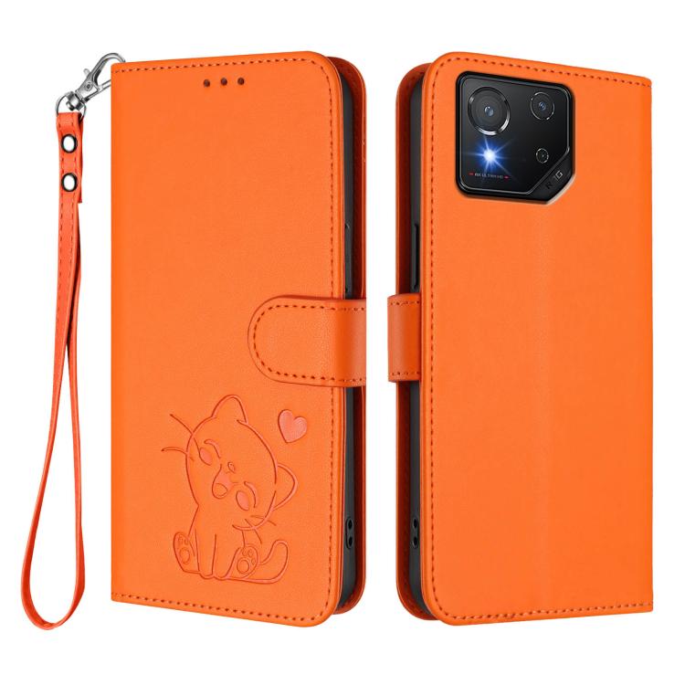For ASUS ROG Phone 8 / 8 Pro Embossed Heart Cat Leather Phone Case with Hand Strap