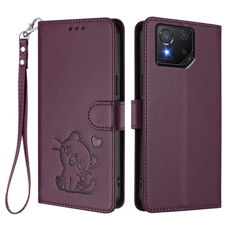 For ASUS ROG Phone 8 / 8 Pro Embossed Heart Cat Leather Phone Case with Hand Strap