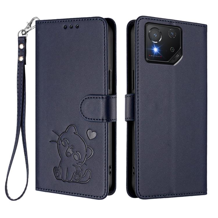 For ASUS ROG Phone 8 / 8 Pro Embossed Heart Cat Leather Phone Case with Hand Strap