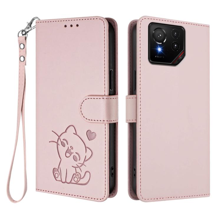 For ASUS ROG Phone 9 / 9 Pro Embossed Heart Cat Leather Phone Case with Hand Strap