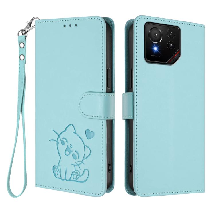 For ASUS ROG Phone 9 / 9 Pro Embossed Heart Cat Leather Phone Case with Hand Strap