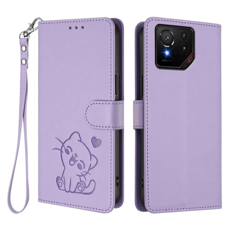 For ASUS ROG Phone 9 / 9 Pro Embossed Heart Cat Leather Phone Case with Hand Strap