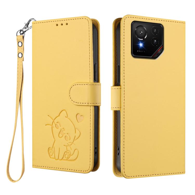 For ASUS ROG Phone 9 / 9 Pro Embossed Heart Cat Leather Phone Case with Hand Strap