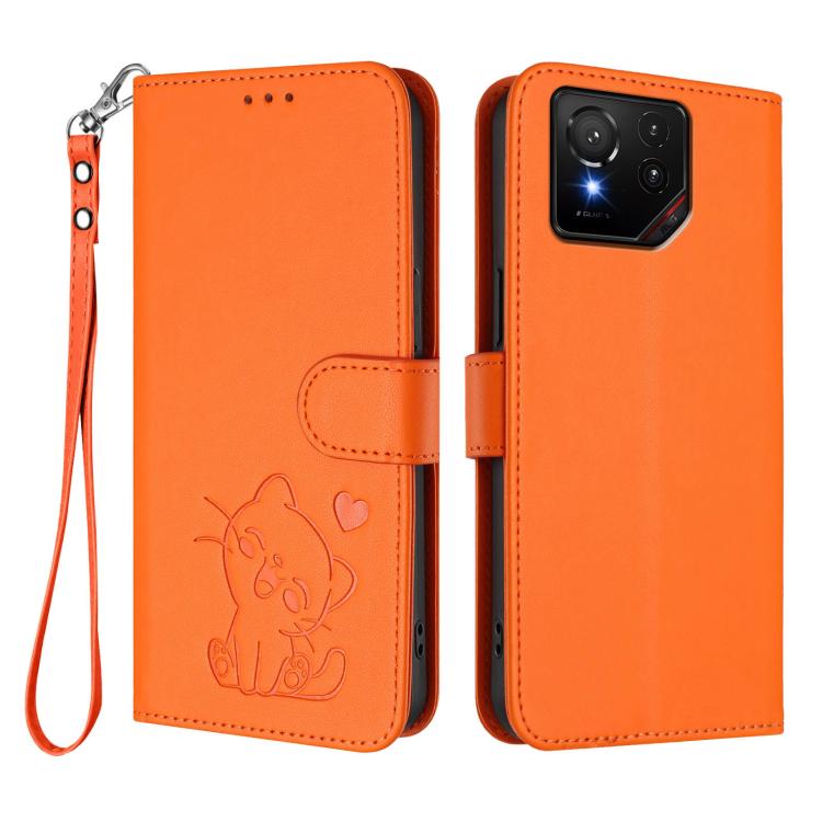 For ASUS ROG Phone 9 / 9 Pro Embossed Heart Cat Leather Phone Case with Hand Strap