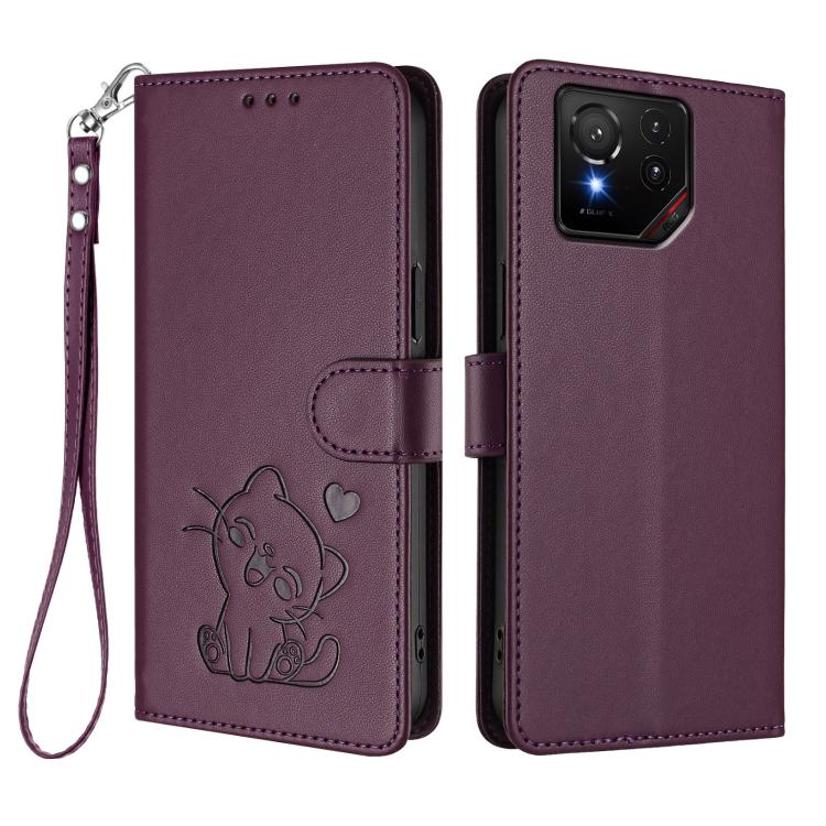 For ASUS ROG Phone 9 / 9 Pro Embossed Heart Cat Leather Phone Case with Hand Strap
