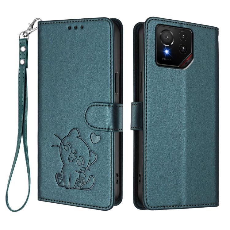 For ASUS ROG Phone 9 / 9 Pro Embossed Heart Cat Leather Phone Case with Hand Strap