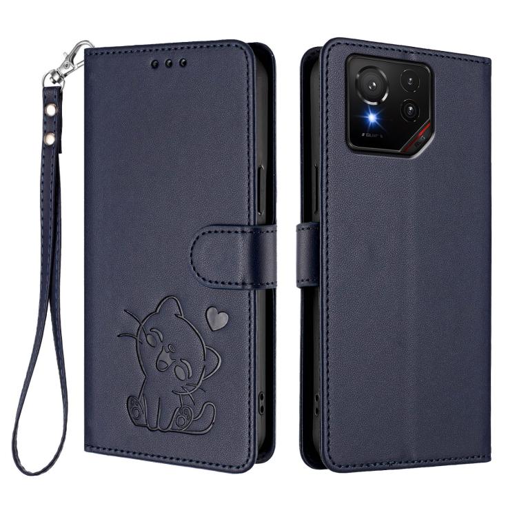 For ASUS ROG Phone 9 / 9 Pro Embossed Heart Cat Leather Phone Case with Hand Strap