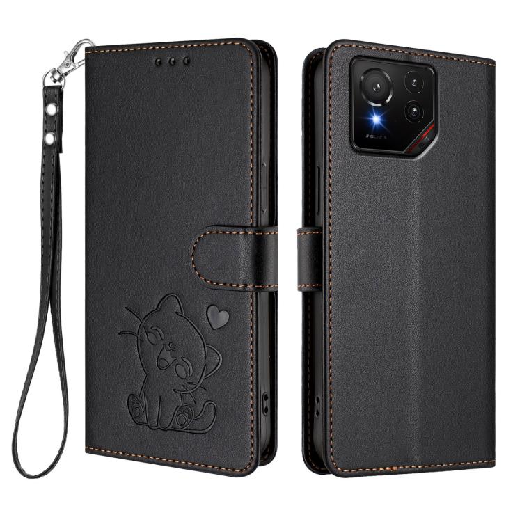 For ASUS ROG Phone 9 / 9 Pro Embossed Heart Cat Leather Phone Case with Hand Strap