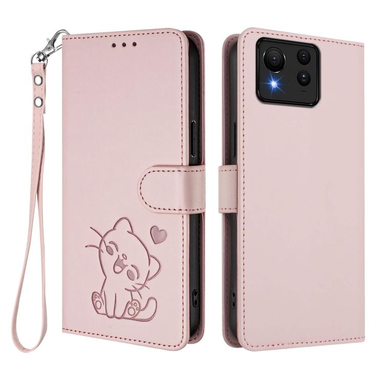 For ASUS Zenfone 11 Ultra Embossed Heart Cat Leather Phone Case with Hand Strap