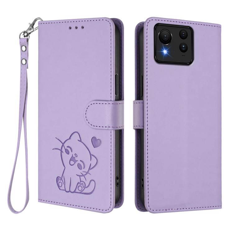 For ASUS Zenfone 11 Ultra Embossed Heart Cat Leather Phone Case with Hand Strap