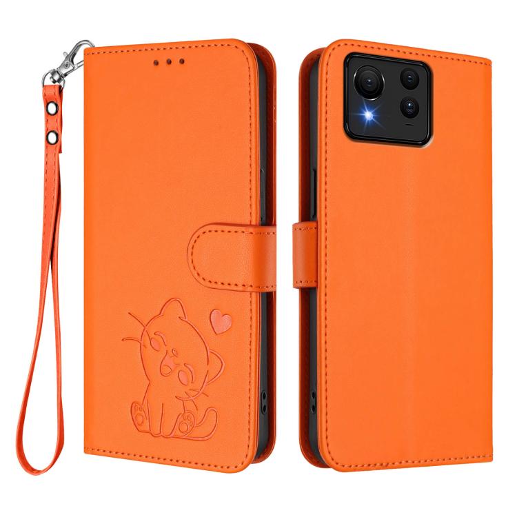 For ASUS Zenfone 11 Ultra Embossed Heart Cat Leather Phone Case with Hand Strap