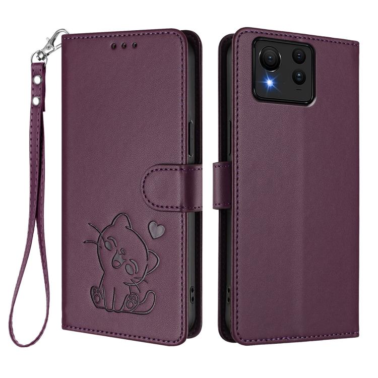 For ASUS Zenfone 11 Ultra Embossed Heart Cat Leather Phone Case with Hand Strap
