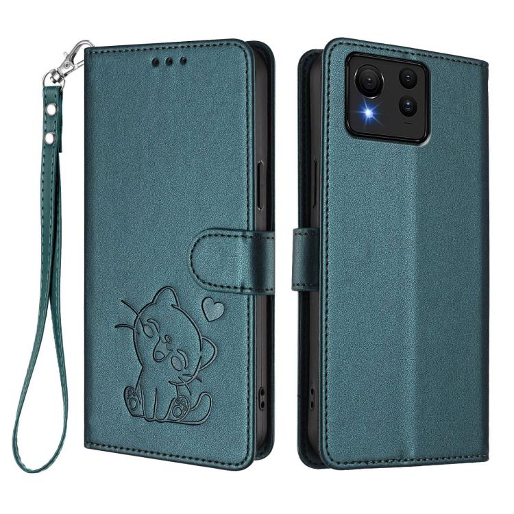 For ASUS Zenfone 11 Ultra Embossed Heart Cat Leather Phone Case with Hand Strap