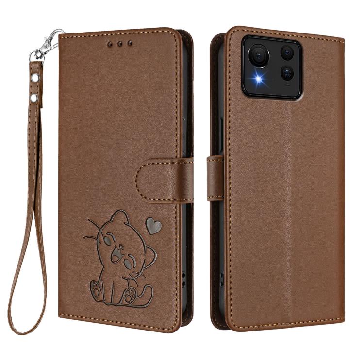 For ASUS Zenfone 11 Ultra Embossed Heart Cat Leather Phone Case with Hand Strap