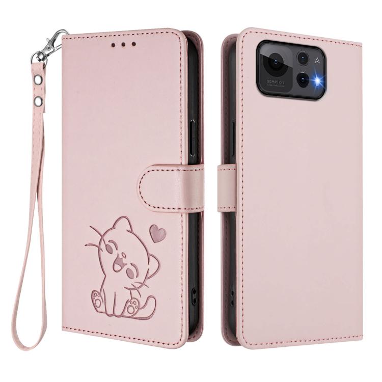 For ASUS Zenfone 12 Ultra Embossed Heart Cat Leather Phone Case with Hand Strap