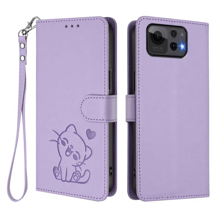 For ASUS Zenfone 12 Ultra Embossed Heart Cat Leather Phone Case with Hand Strap