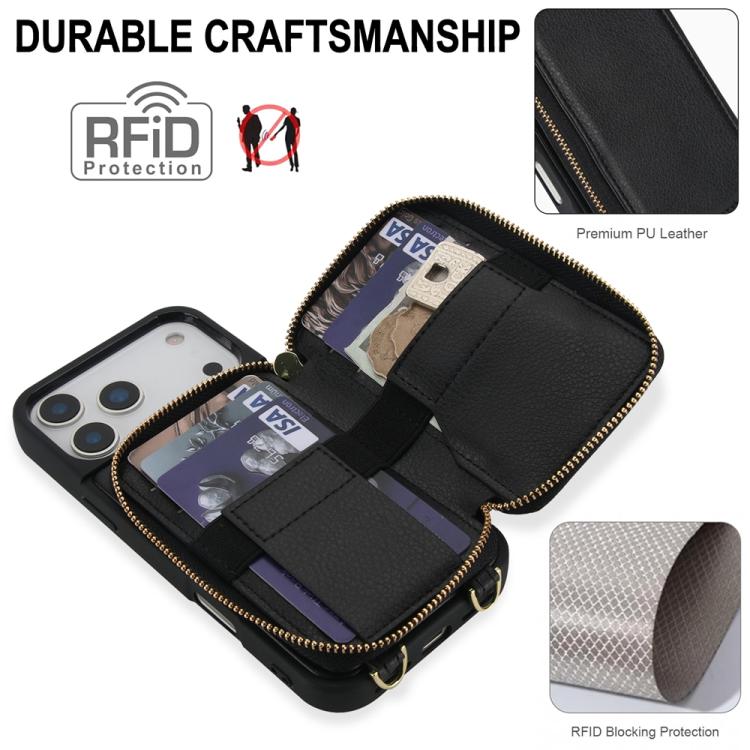 For iPhone 17 Pro Max Crossbody Zipper RFID Card Bag Phone Case