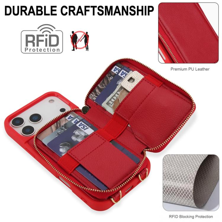 For iPhone 17 Pro Max Crossbody Zipper RFID Card Bag Phone Case