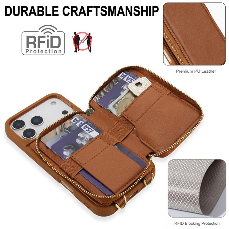 For iPhone 17 Pro Max Crossbody Zipper RFID Card Bag Phone Case