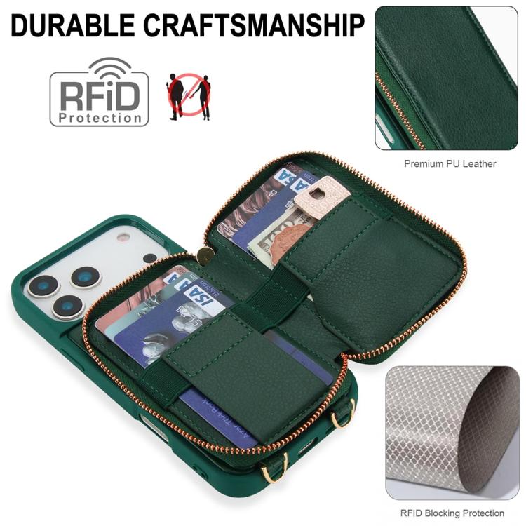 For iPhone 17 Pro Crossbody Zipper RFID Card Bag Phone Case