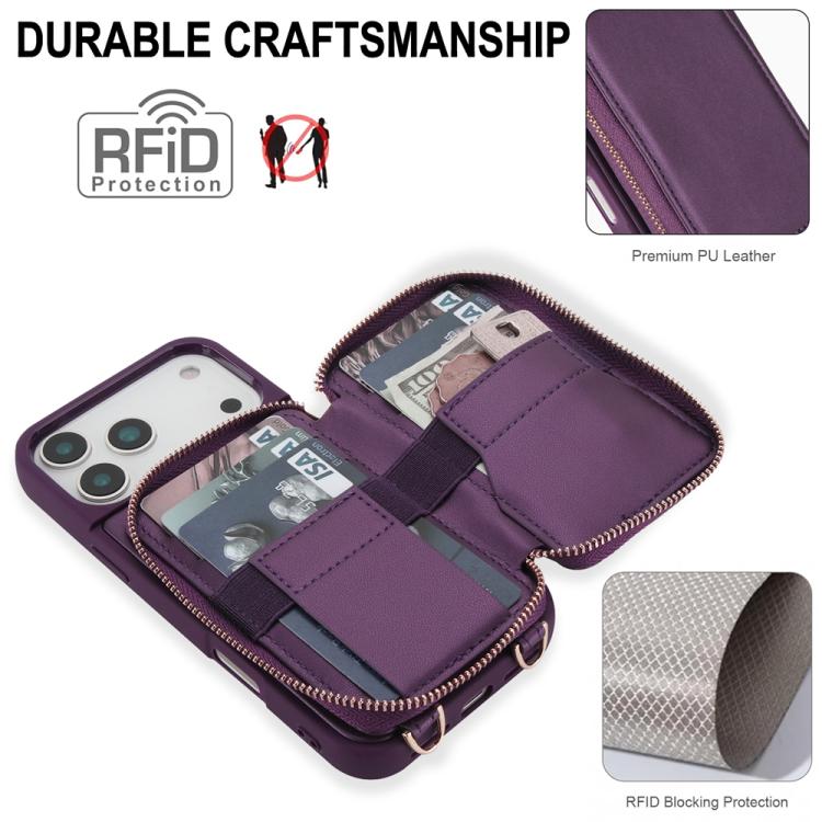 For iPhone 17 Pro Crossbody Zipper RFID Card Bag Phone Case