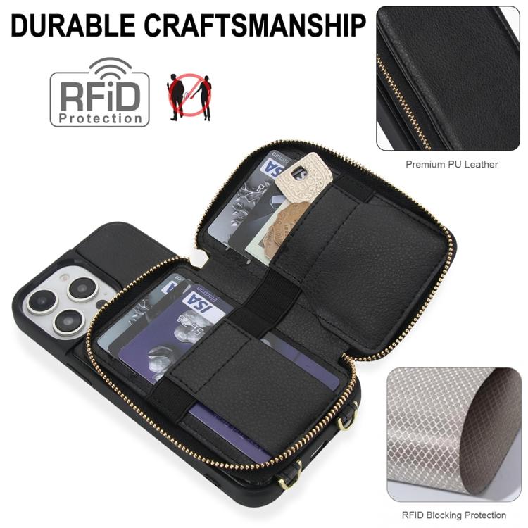For iPhone 15 Pro Max Crossbody Zipper RFID Card Bag Phone Case