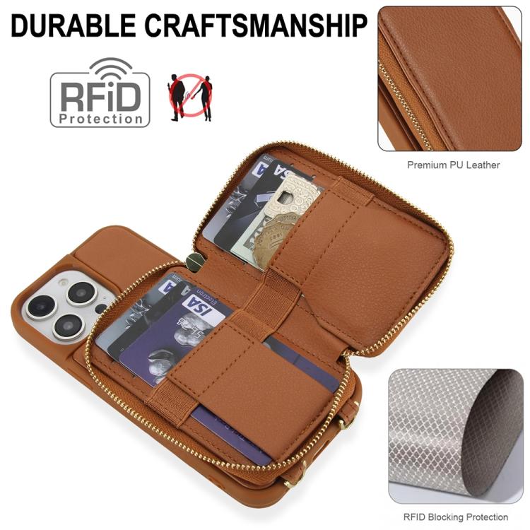 For iPhone 15 Pro Max Crossbody Zipper RFID Card Bag Phone Case