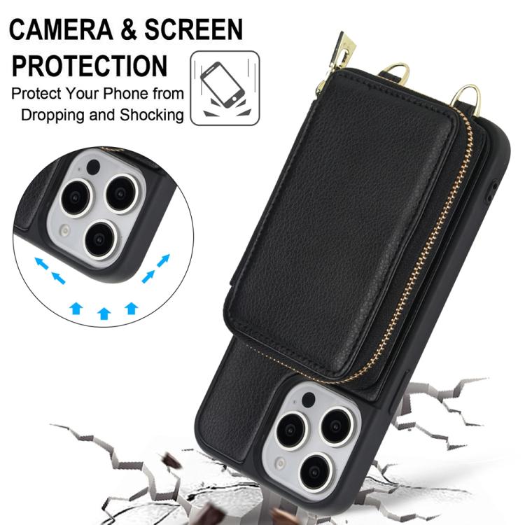 For iPhone 15 Pro Crossbody Zipper RFID Card Bag Phone Case