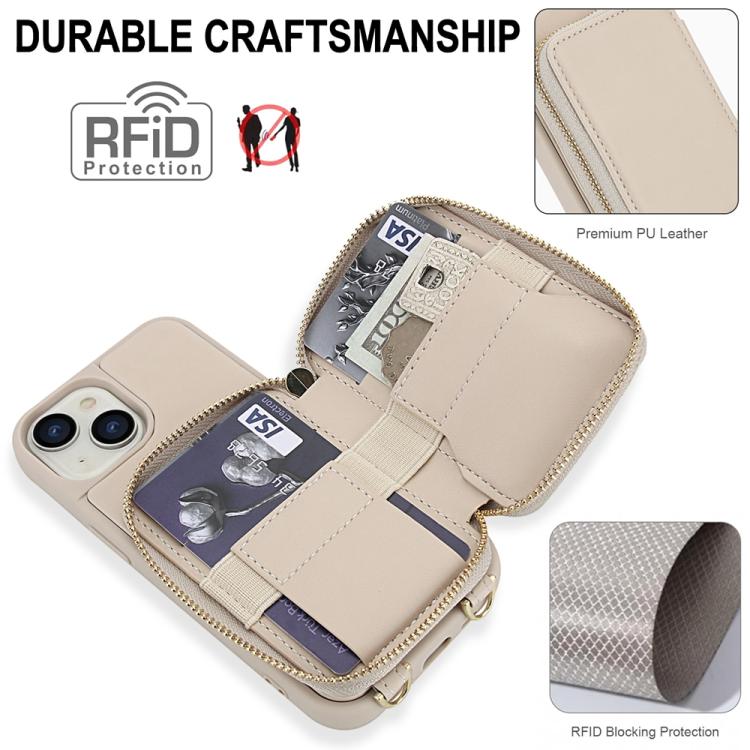 For iPhone 15 Plus / 14 Plus Crossbody Zipper RFID Card Bag Phone Case