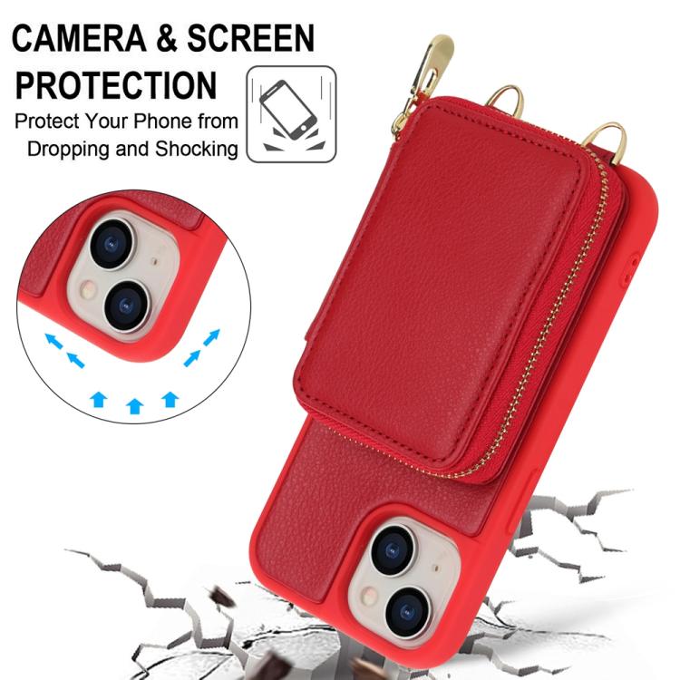 For iPhone 15 Plus / 14 Plus Crossbody Zipper RFID Card Bag Phone Case