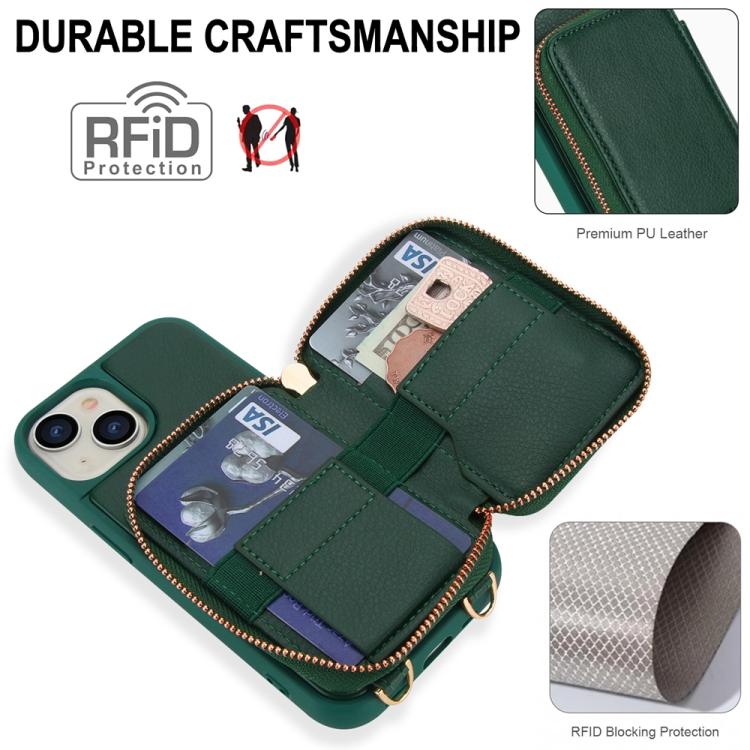 For iPhone 15 Plus / 14 Plus Crossbody Zipper RFID Card Bag Phone Case