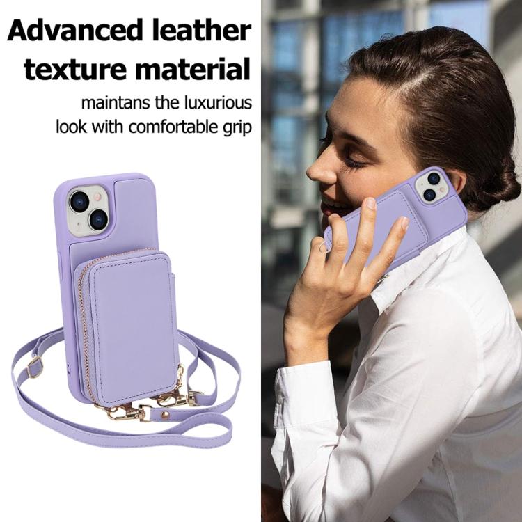 For iPhone 15 Plus / 14 Plus Crossbody Zipper RFID Card Bag Phone Case
