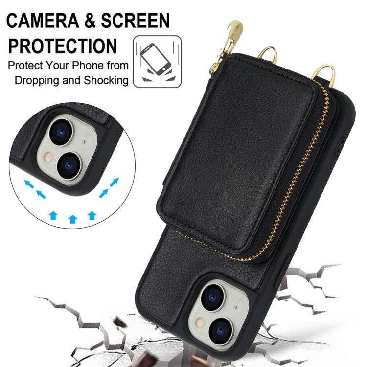 For iPhone 15 Crossbody Zipper RFID Card Bag Phone Case