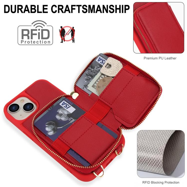 For iPhone 15 Crossbody Zipper RFID Card Bag Phone Case