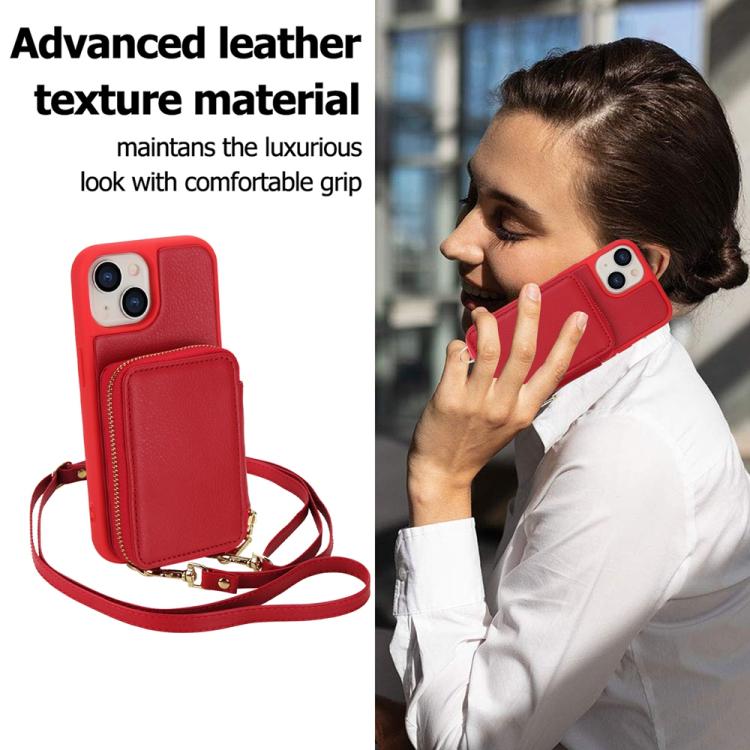 For iPhone 15 Crossbody Zipper RFID Card Bag Phone Case