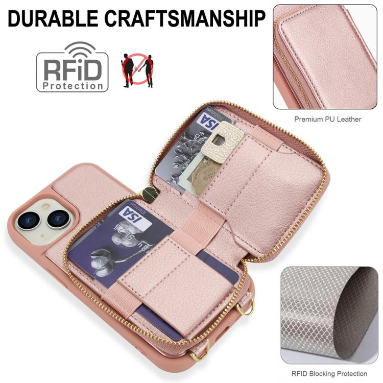 For iPhone 15 Crossbody Zipper RFID Card Bag Phone Case